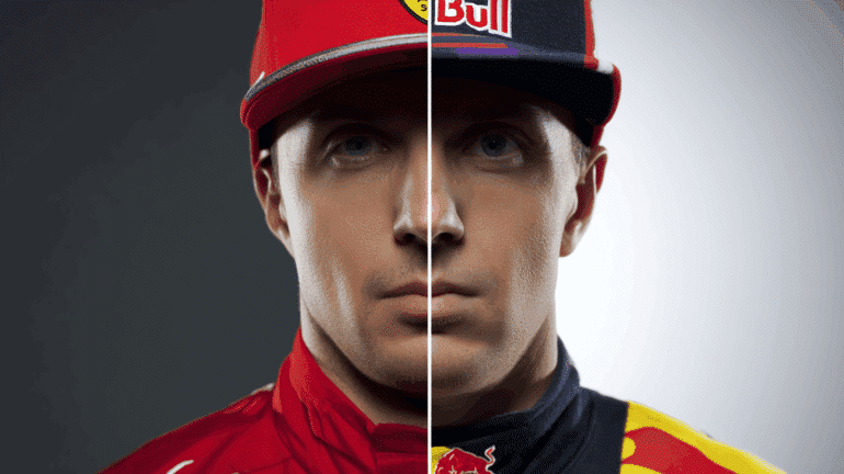 A split portrait of a Formula 1 driver with his face and body divided down the middle. The left side shows him in Ferrari red gear and cap, while the right side shows him in Red Bull racing gear and cap. The face is exposed and symmetrical, symbolizing a dual identity between two rival teams.