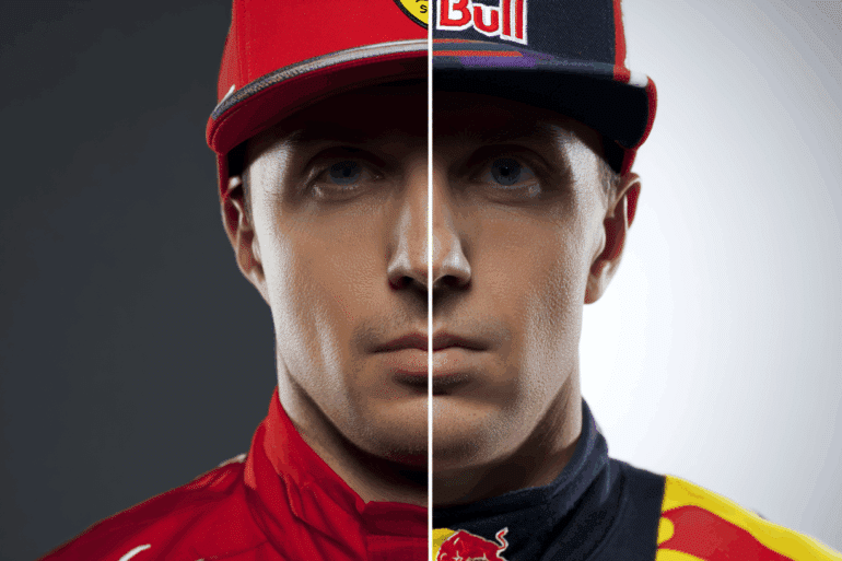 A split portrait of a Formula 1 driver with his face and body divided down the middle. The left side shows him in Ferrari red gear and cap, while the right side shows him in Red Bull racing gear and cap. The face is exposed and symmetrical, symbolizing a dual identity between two rival teams.