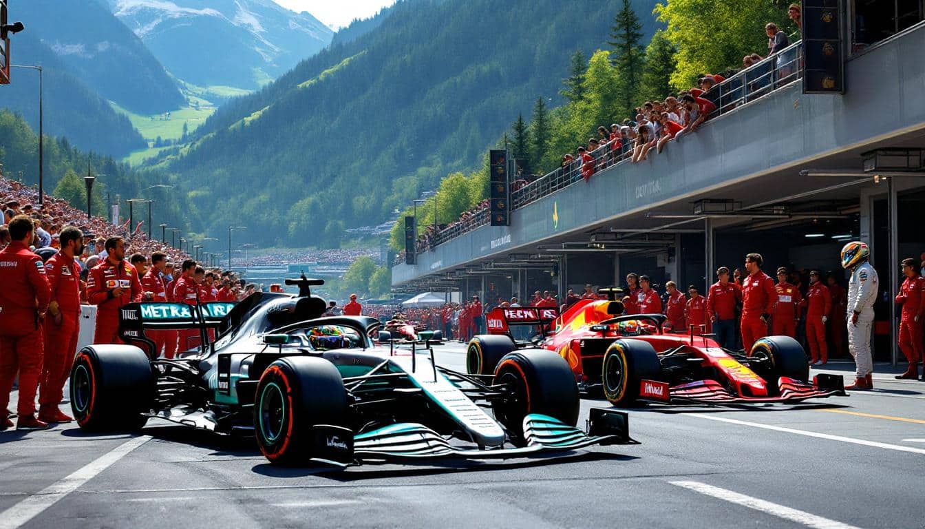 lewis hamilton approaches a setup closer to charles leclerc's ferrari as brake problems impact his performance at the austrian grand prix.