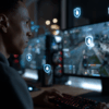 Stylized image of a person streaming in front of a screen, surrounded by security icons such as shields and padlocks.