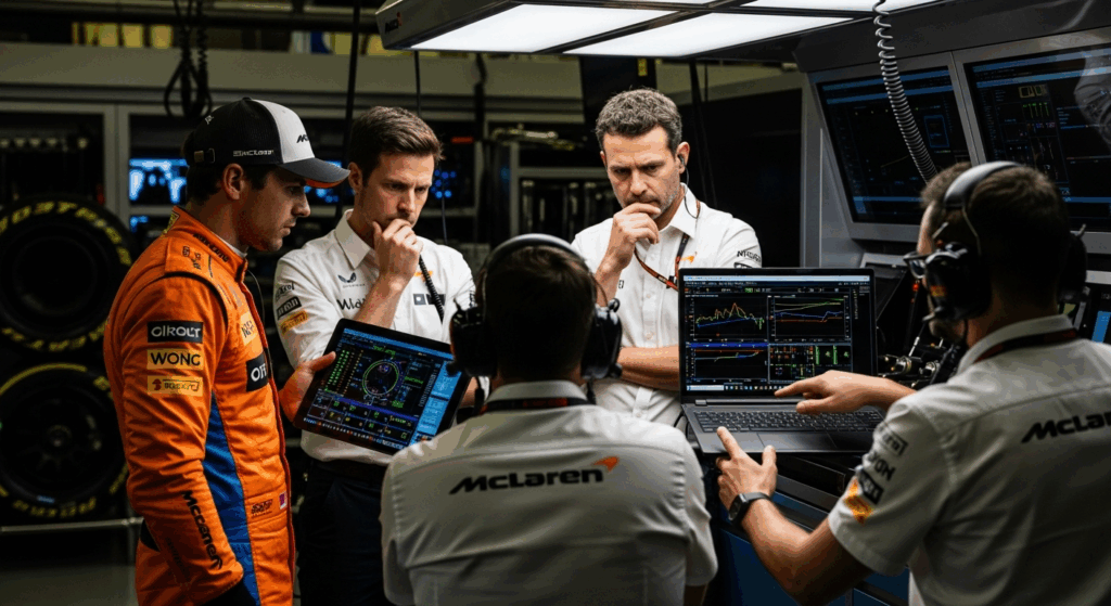 McLaren drivers in the midst of a strategy discussion