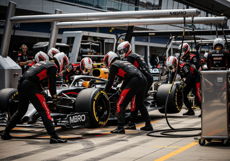 An F1 pit crew works in perfect synchronization, showcasing speed, precision, and high-performance execution in a professional environment.