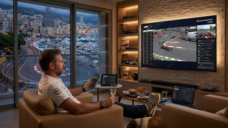 A man sitting in his Sofa watching The Monaco GP 2026