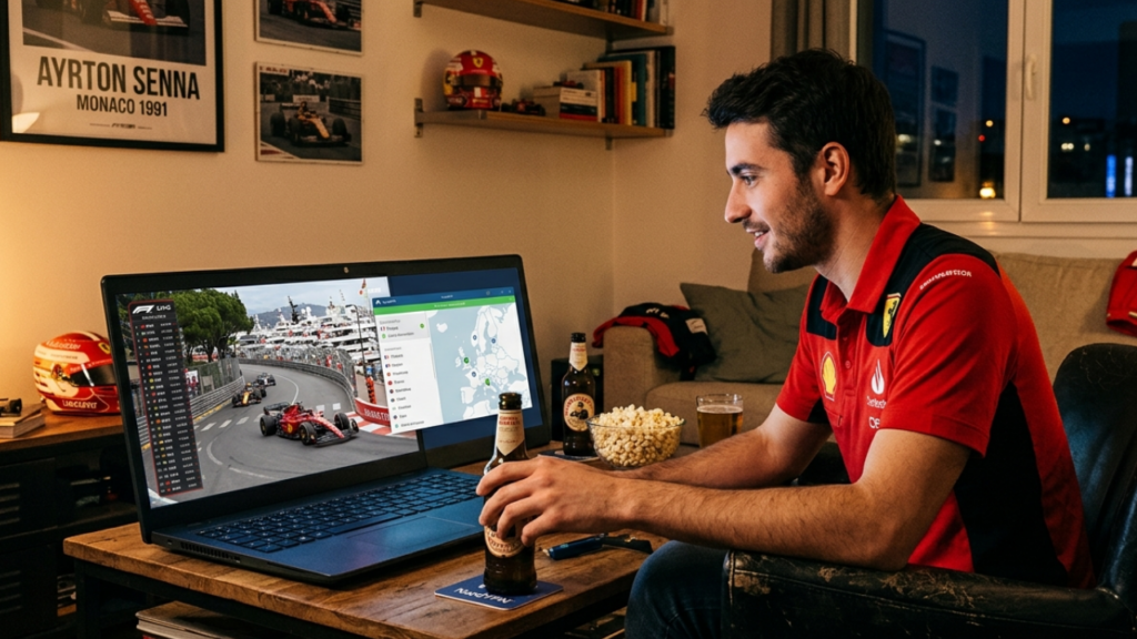 A young man wearing a red Ferrari polo shirt sits in a living room decorated with Formula 1 posters. He is holding a bottle of beer while watching a live F1 race on his laptop, which also displays the NordVPN application interface connected to a server in France