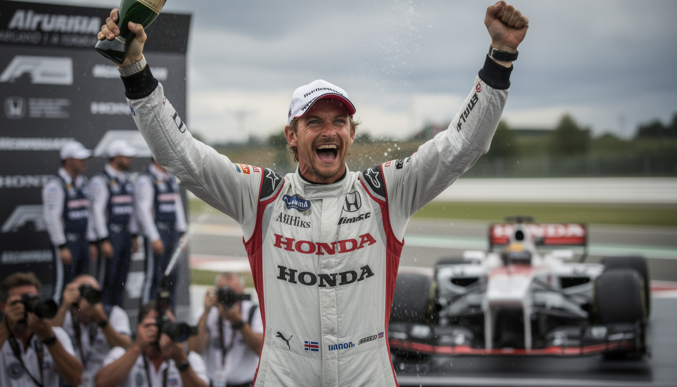 celebrate jenson button's first grand prix victory with honda in hungary, a milestone moment in his racing career and formula 1 history.